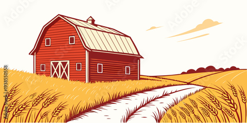 A red barn sits in a field with a dirt road Vector