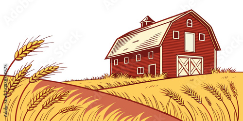 A red barn sits on a hill in a field of wheat Vector