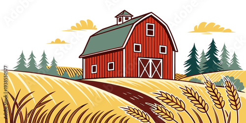 A red barn in a rural landscape with a field of wheat Vector