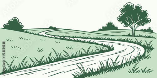 A winding dirt road through a green landscape Vector