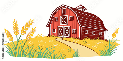 A red barn sits on a hill with a path leading to it Vector