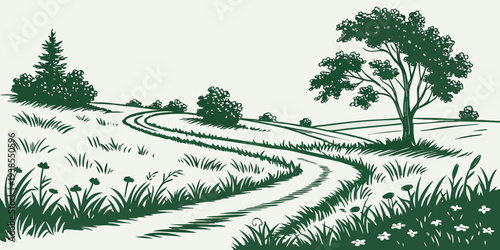 A green and white image of a rural landscape with a tree and a dirt road Vector