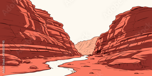 A red rocky canyon with a stream running through it Vector