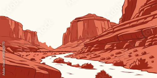 A pixelated image of a desert canyon with a river Vector