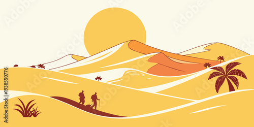 A desert landscape with pyramids and a sun Vector