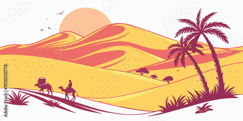 A desert landscape with a sun and palm trees Vector