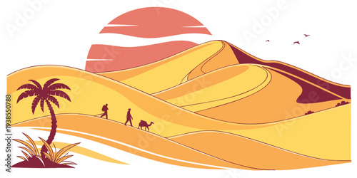 A desert landscape with a palm tree and a camel Vector