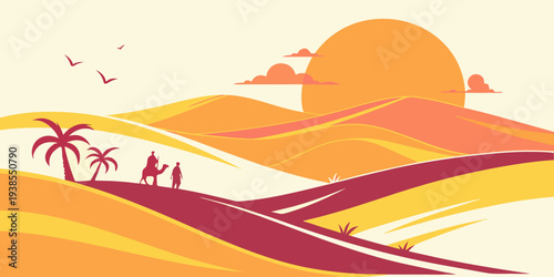 A desert landscape with a sunset and palm trees Vector