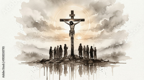 Jesus crucified with crowd standing on hill