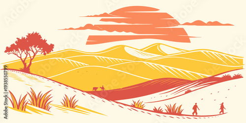 A serene landscape with a sunset over a field Vector