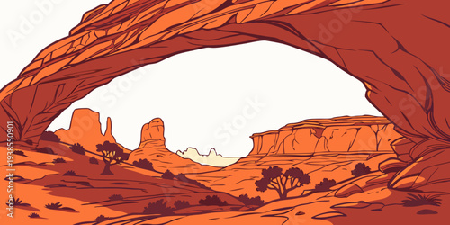 A large orange arch in the desert with a white sky Vector