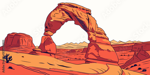 A large red rock arch in the desert landscape Vector
