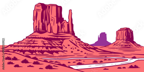 A pixelated image of a desert landscape with rock formations Vector