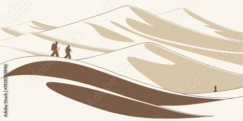 A brown and beige image of people on a hill Vector