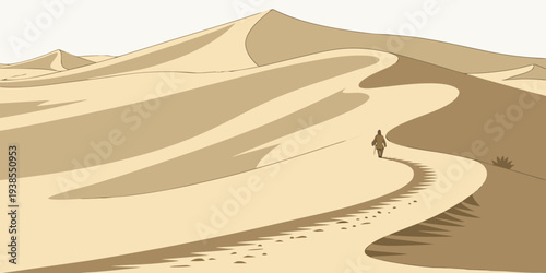 A person walks through a vast desert landscape Vector
