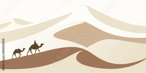 A man rides a camel across the desert sand dunes Vector