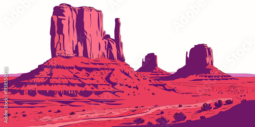 A red and purple image of a desert landscape with rock formations Vector