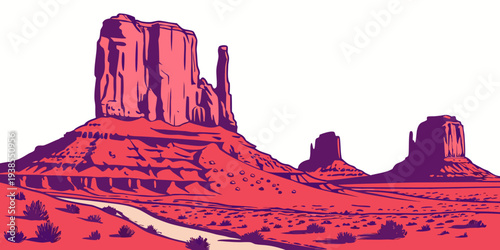 A red and purple image of a desert landscape with rock formations Vector