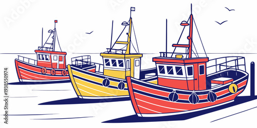 A colorful illustration of fishing boats docked in a harbor Vector
