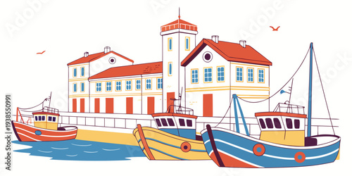 Boats are docked at a colorful harbor Vector