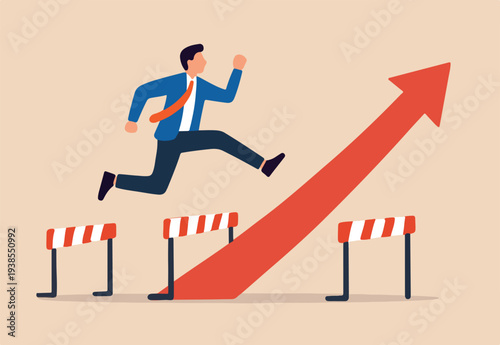 Success to win in business competition, overcome obstacles or motivation to solve problem and lead company achievement concept, confident businessman leader jump high over 3 hurdles to be winner