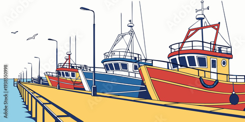 Boats are docked at a pier by the water Vector