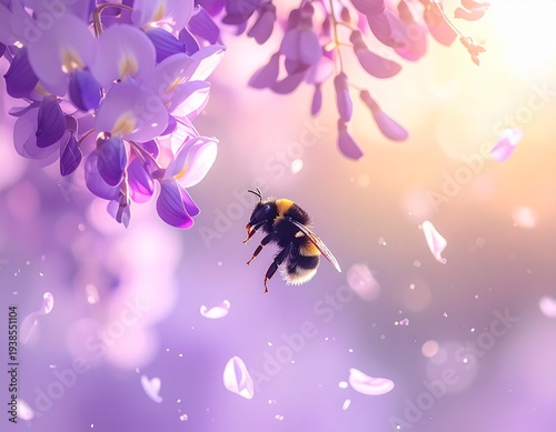 delicate wisteria flowers hanging from above,_soft spring sunlight