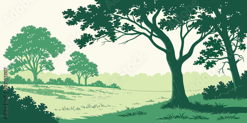A green landscape with trees on a hillside Vector