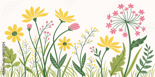 A colorful illustration of various flowers and greenery on a white background Vector