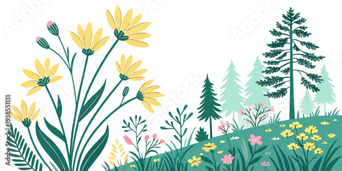 A colorful illustration of wildflowers and trees in a field Vector