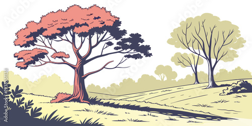 A pixel art illustration of two trees on a grassy hill Vector