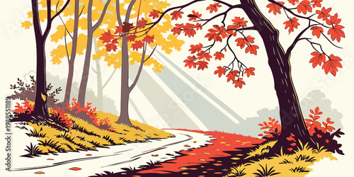 A pixel art illustration of a tree with red leaves on a hill Vector