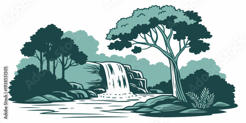 A serene forest scene with a waterfall Vector