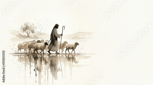 Jesus leading flock of sheep in watercolor