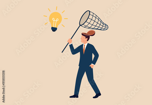 New creative idea thinking process, contemplation or ideation for solution or innovation, development or learn skills concept, businessman open his head to using butterfly net to cat light bulb idea