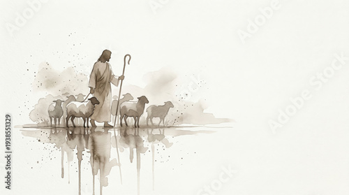 Jesus with staff leading sheep in watercolor