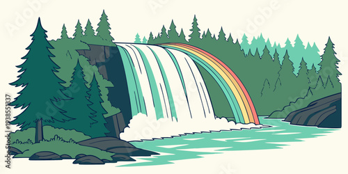 A waterfall with a rainbow in the middle surrounded by trees Vector