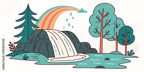 A cartoon waterfall with a rainbow in the background Vector