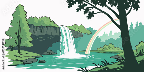 A serene waterfall scene with a rainbow and lush greenery Vector