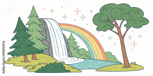 A colorful rainbow appears in the sky behind a waterfall Vector