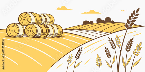 A yellow field with hay bales and wheat Vector