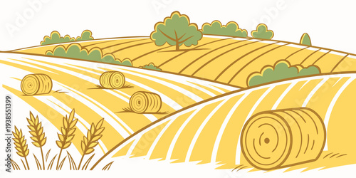 A field of golden hay bales on a sunny day Vector