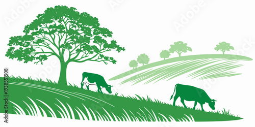 A green landscape with cows grazing under a tree Vector