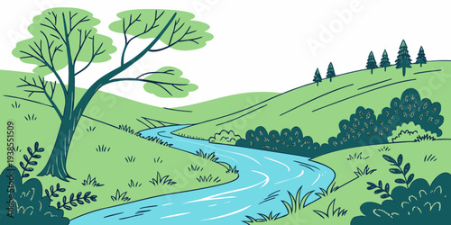 A serene landscape with a winding river and green hills Vector