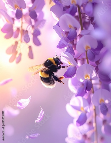 delicate wisteria flowers hanging from above,_soft spring sunlight