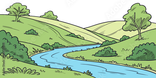 A serene landscape with a winding river and green hills Vector