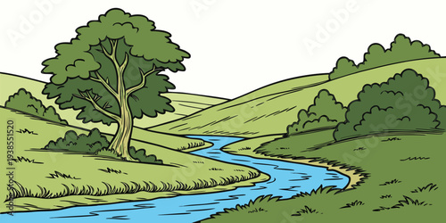 A serene landscape with a river flowing through green hills Vector