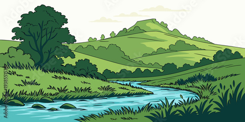 A serene landscape with a river and green hills Vector