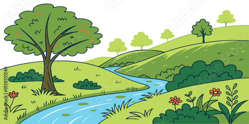 A serene landscape with a stream and trees Vector