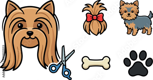 Flat design close up yorkshire terrier head with scissors bow bone paw and full body dog looking forward friendly expression bold outline